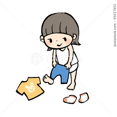 Illustration of a child changing clothes by himself Illustration of a child changing clothes by himself 95017952