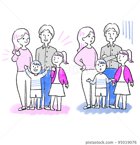 A family of four with a troubled expression and a smile Full-length portrait 95019076
