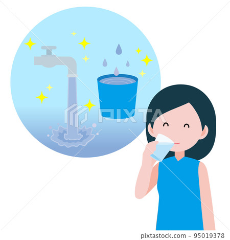 Illustration of a woman happily drinking safe water 95019378
