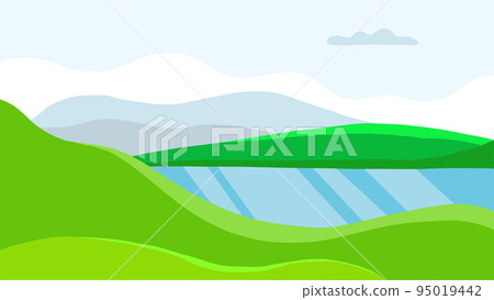 Abstract vector landscape. Blue and green background. mountain view in flat style. Abstract vector landscape. Blue and green background. mountain view in flat style. 95019442