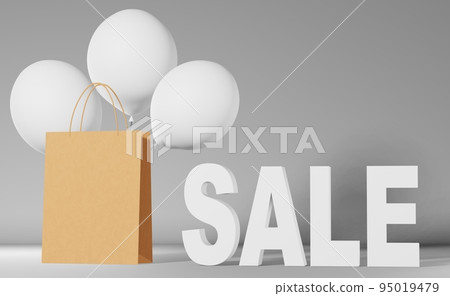 Blank paper shopping bag branding mockup baloons grey background 3d rendering. Brown shopper template Shop sale discount 95019479