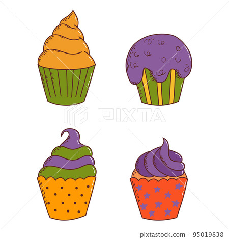 Cute halloween cupcakes. Halloween elements. Trick or treat concept. Vector illustration in hand drawn style Cute halloween cupcakes. Halloween elements. Trick or treat concept. Vector illustration in hand drawn style 95019838