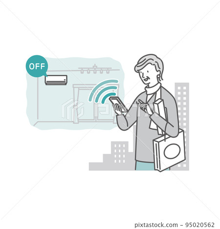 Mart Home: Air Conditioner_Senior woman who turns off the air conditioner at home with a smartphone app from outside Mart Home: Air Conditioner_Senior woman who turns off the air conditioner at home with a smartphone app from outside 95020562