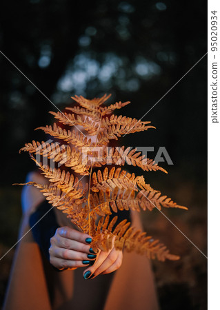 Young woman hiding behind fern leaf in dark forest 95020934