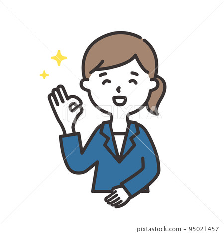 一個穿著西裝的女人帶著微笑給出一個好的手勢的插圖 一個穿著西裝的女人帶著微笑給出一個好的手勢的插圖 95021457