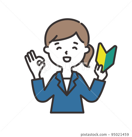 Illustration of a woman in a suit holding a beginner's mark and making an okay sign 95021459