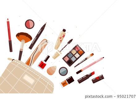 Open cosmetic pouch with makeup,beauty products on white background. Open cosmetic pouch with makeup,beauty products on white background. 95021707