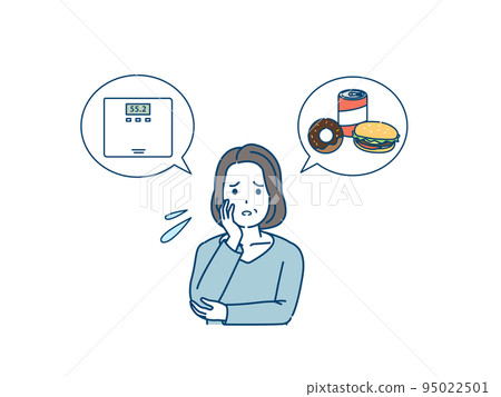 Middle-aged woman who cares about her weight, middle-aged fatness, obesity, illustration 95022501
