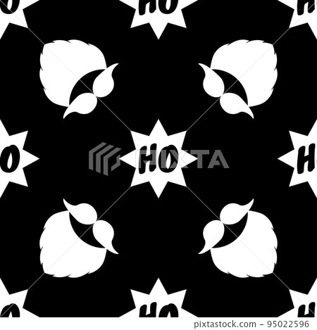 Christmas vector pattern. Seamless background with a beard, mustache, and text Ho Ho Ho in stars. White elements on black color. Design for poster backdrop, gift wrappers, textiles, fabrics, etc. Christmas vector pattern. Seamless background with a beard, mustache, and text Ho Ho Ho in stars. White elements on black color. Design for poster backdrop, gift wrappers, textiles, fabrics, etc. 95022596