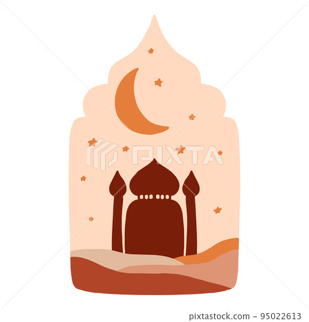 Islamic window and arch poster in oriental style with modern boho style design, moon, stars,mosque. Vector illustration. 95022613
