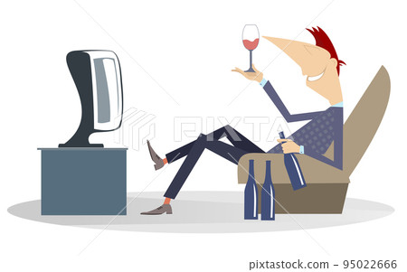 Young man watches TV and drinks alcohol illustration. Smiling person sits in an armchair in front of TV with a glass of alcohol and bottles isolated on white Young man watches TV and drinks alcohol illustration. Smiling person sits in an armchair in front of TV with a glass of alcohol and bottles isolated on white 95022666