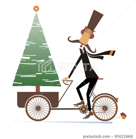 Christmas, New Year day. Man with fir rides a bike illustration. Cartoon long mustache man in the top hat transports a fir on the bike isolated on white Christmas, New Year day. Man with fir rides a bike illustration. Cartoon long mustache man in the top hat transports a fir on the bike isolated on white 95022668
