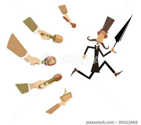 Mass media and running away man concept illustration. Hands of reporters with microphones. Running away politician or businessman in the top hat with an umbrella who does not want to give interview Mass media and running away man concept illustration. Hands of reporters with microphones. Running away politician or businessman in the top hat with an umbrella who does not want to give interview 95022669