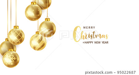 Merry Christmas Template Design With Golden Christmas Balls 3D Design beautifully arranged Merry Christmas Template Design With Golden Christmas Balls 3D Design beautifully arranged 95022687