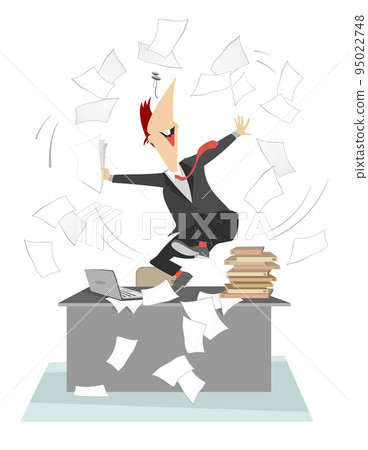 Happy businessman tossing papers and dancing on the table illustration. Smiling person glad to success or the end of work and throws up to the air papers and documents isolated on white background 95022748