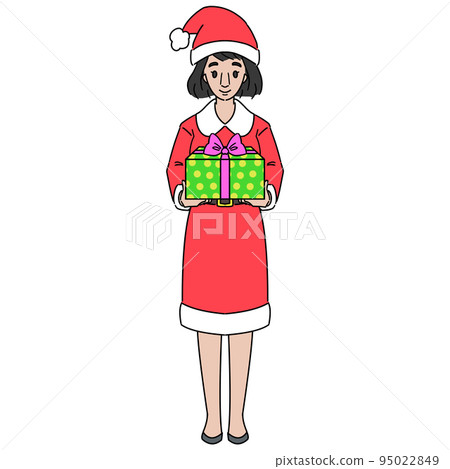 一位身著聖誕老人服裝的女士展示了一個不帶面具的禮盒 95022849