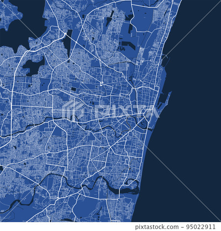 Detailed map poster of Chennai city, linear print map. Blue skyline urban panorama. Decorative graphic tourist map of Chennai territory. 95022911