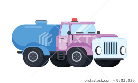 Water delivering tanker truck. Semi truck with reservoir for transporting liquid substances. Flat design vector illustration isolated on white background. 95023036