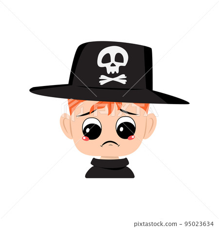 Avatar of boy with red hair, crying and tears emotion, sad face, depressive eyes in hat with skull. Head of cute child with melancholy expression in carnival costume for Halloween party Avatar of boy with red hair, crying and tears emotion, sad face, depressive eyes in hat with skull. Head of cute child with melancholy expression in carnival costume for Halloween party 95023634