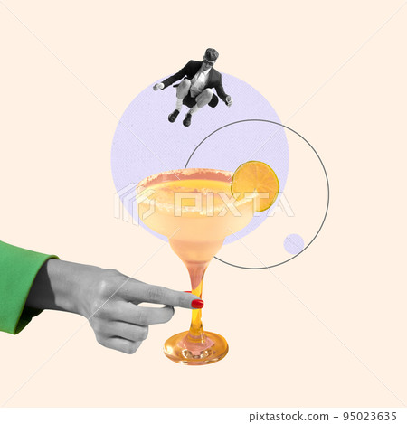 Contemporary art collage. Creative design. Stylish young man jumping into margarita cocktail. Friday chill, party 95023635