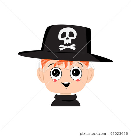 Avatar of a boy with red hair, big eyes and a wide happy smile wearing a hat with a skull. The head of a child with a joyful face. Halloween party decoration Avatar of a boy with red hair, big eyes and a wide happy smile wearing a hat with a skull. The head of a child with a joyful face. Halloween party decoration 95023636