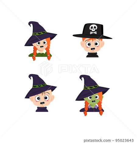 Set of girl, boy and baby with white and green skin, red hair, emotions panic, surprised face, shocked eyes in pointed witch hat with bats. Head of child. Halloween party decoration Set of girl, boy and baby with white and green skin, red hair, emotions panic, surprised face, shocked eyes in pointed witch hat with bats. Head of child. Halloween party decoration 95023643