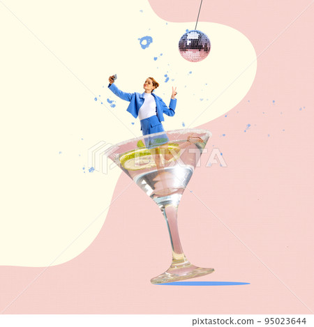 Contemporary art collage. Creative design. Stylish young woman standing inside cocktail and taking selfie. Disco party 95023644