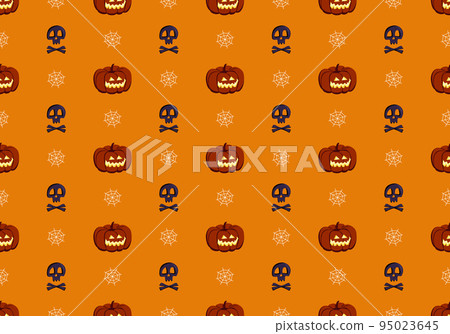 Bright seamless pattern with pumpkins, skulls and spiders web. Festive autumn decoration for Halloween. Holiday October background for paper print, textile and design 95023645