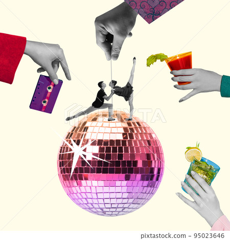 Contemporary art collage. Creative design. Young flexible people dancing on big disco ball. Human hands proposing cocktails. 95023646