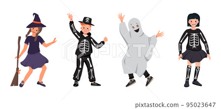 Girls and boys in costumes of a witch with a broomstick, a skeleton with bones and a skull, and ghosts dance at Halloween. Teenagers in fancy dress. Children in carnival clothes 95023647