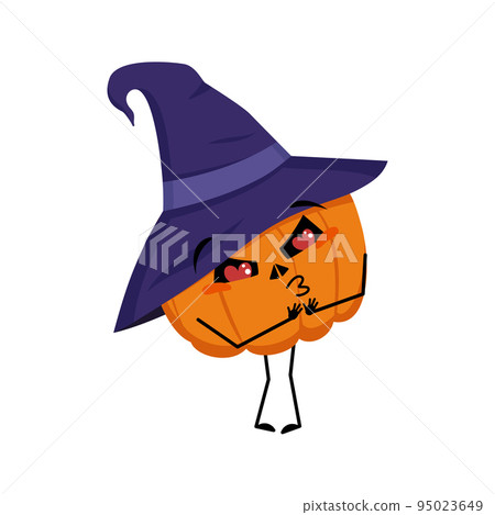 Cute pumpkin character in pointed hat falls in love with eyes hearts, kiss face, arms and legs. The funny or smile emotions vegetable for the holiday Halloween. Festive autumn decoration for October Cute pumpkin character in pointed hat falls in love with eyes hearts, kiss face, arms and legs. The funny or smile emotions vegetable for the holiday Halloween. Festive autumn decoration for October 95023649