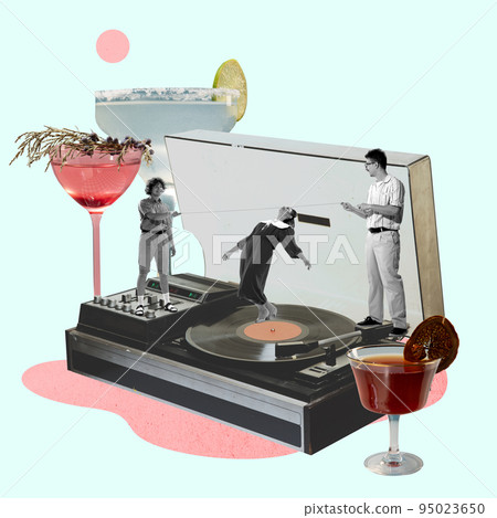 Contemporary art collage. Creative design. Stylish young people dancing on vinyl set, drinking cocktails and having fun 95023650