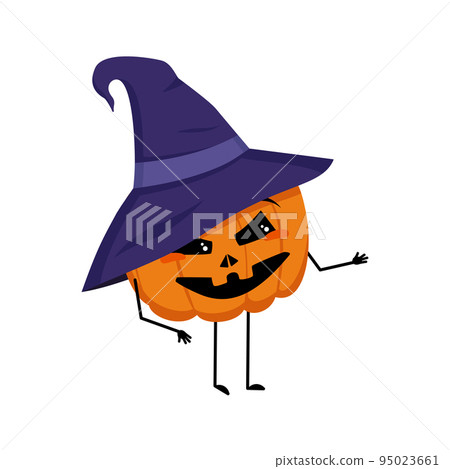 Cute pumpkin character in pointed hat with joyful emotions, smiling face, happy eyes, arms and legs. Cheerful vegetable for the holiday Halloween. Festive autumn decoration for October Cute pumpkin character in pointed hat with joyful emotions, smiling face, happy eyes, arms and legs. Cheerful vegetable for the holiday Halloween. Festive autumn decoration for October 95023661
