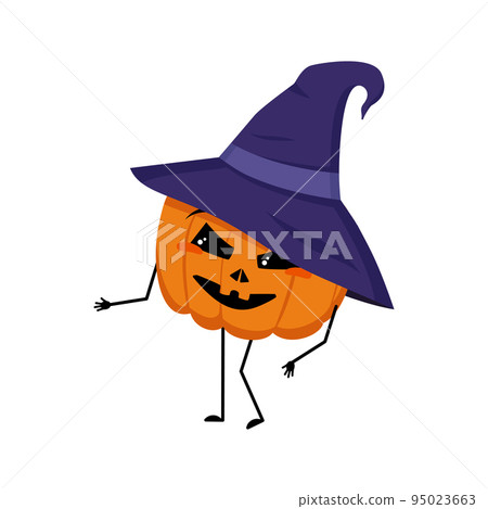 Cute pumpkin character in pointed hat with joyful emotions, smiling face, happy eyes, arms and legs. Cheerful vegetable for the holiday Halloween. Festive autumn decoration for October Cute pumpkin character in pointed hat with joyful emotions, smiling face, happy eyes, arms and legs. Cheerful vegetable for the holiday Halloween. Festive autumn decoration for October 95023663