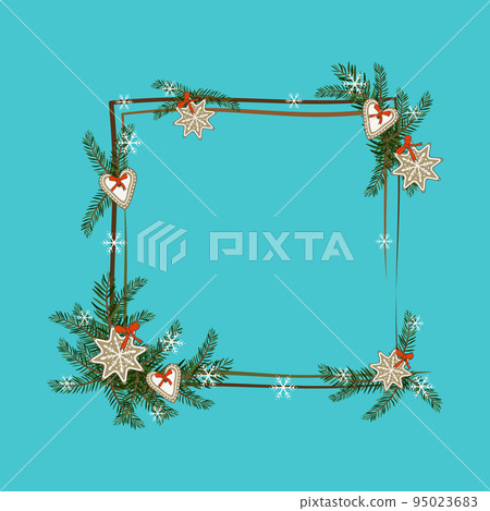 Square Christmas frame from fir branches with gingerbread, star and snowflake. Festive decoration for New year and winter holidays Square Christmas frame from fir branches with gingerbread, star and snowflake. Festive decoration for New year and winter holidays 95023683