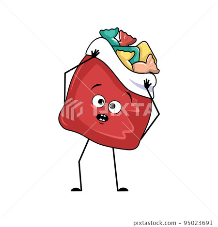 Cute red bag character with New Year gifts with emotions in a panic grabs his head, surprised face, shocked eyes, arms and legs. Merry Christmas item, joyful sweet food, box with scared expression 95023691