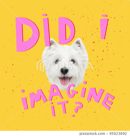 Contemporary art collage, design in magazine style with dog isolated over color background. Animals with human emotions. Concept of rest, surrealism, fun, creativity. 95023692