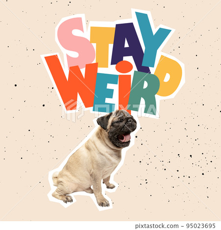 Contemporary art collage, design in magazine style with dog isolated over color background. Animals with human emotions. Concept of rest, surrealism, fun, creativity. 95023695