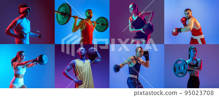 Sport collage of professional athletes posing isolated on multicolored background in neon. Basketball, boxing, fencing, karate, fitness, weightlifting 95023708