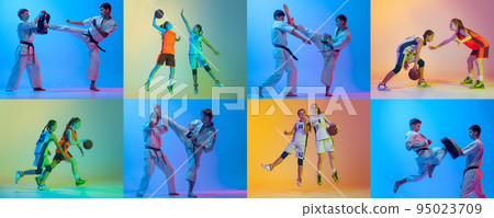 Sport collage of professional athletes posing isolated on multicolored background in neon. Basketball and judo, karate. 95023709