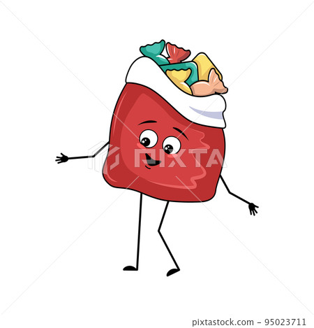 Cute red bag character with New Year gifts with happy emotions, smile face, arms and legs. Merry Christmas item, joyful sweet food, box with eyes 95023711