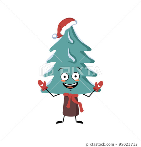 Cute Christmas tree with joyful emotions, smile face, happy eyes, arms and legs. Pine with eyes. Happy holiday symbol in a red Santa hat, scarf and mittens 95023712