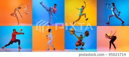 Volleyball, fencing, jumping, gymnastics, karate, fitness and weightlifting. Sport collage of professional athletes posing isolated on blue-yellow background in neon. 95023714