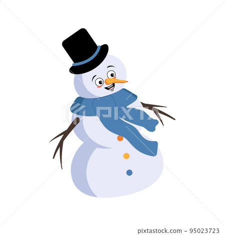Cute Christmas snowman with joyful emotions, smile face, happy eyes, arms and legs. Joyful New Year festive decoration with kind expression Cute Christmas snowman with joyful emotions, smile face, happy eyes, arms and legs. Joyful New Year festive decoration with kind expression 95023723