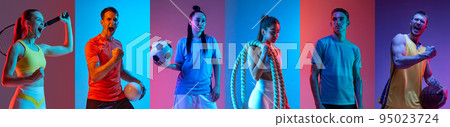 Sport collage of professional athletes posing isolated on multicolored background in neon. Tennis, volleyball, soccer, fitness, basketball. Sport collage of professional athletes posing isolated on multicolored background in neon. Tennis, volleyball, soccer, fitness, basketball. 95023724