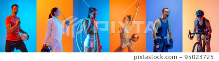 Sport collage of professional athletes posing isolated on multicolored background in neon. Volleyball, boxing, fencing, gymnastics, fitness, cycling. Sport collage of professional athletes posing isolated on multicolored background in neon. Volleyball, boxing, fencing, gymnastics, fitness, cycling. 95023725