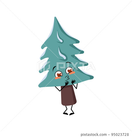 Cute Christmas tree falls in love with eyes hearts, kiss face, arms and legs. Pine with eyes. New year festive decoration, joyful fir with kind expression, funny or smile emotions 95023728