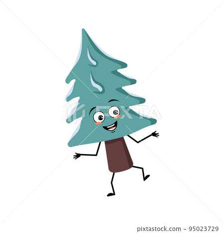 Cute Christmas tree with happy emotions, dancing, smile, hands and legs. Pine with eyes. New year festive decoration, joyful fir 95023729