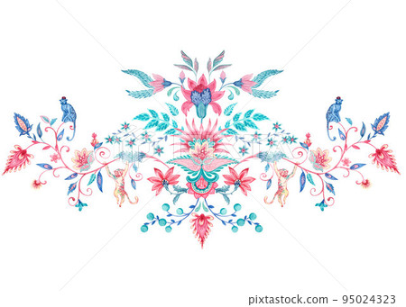 Beautiful floral composition with hand drawn watercolor flower elements painted in old traditional turkish arabesque style. Stock clip art illustration. 95024323