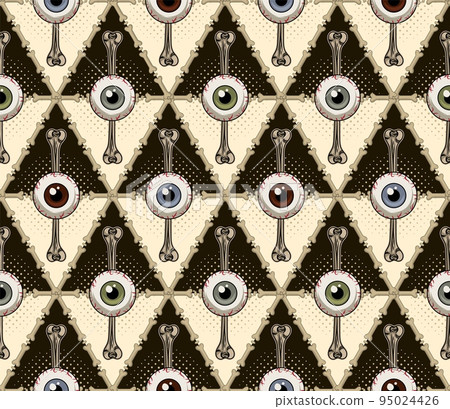 Seamless vintage pattern with rhombus grid of bones, human eyeballs with direct look. Geometric rhombus grid Seamless vintage pattern with rhombus grid of bones, human eyeballs with direct look. Geometric rhombus grid 95024426
